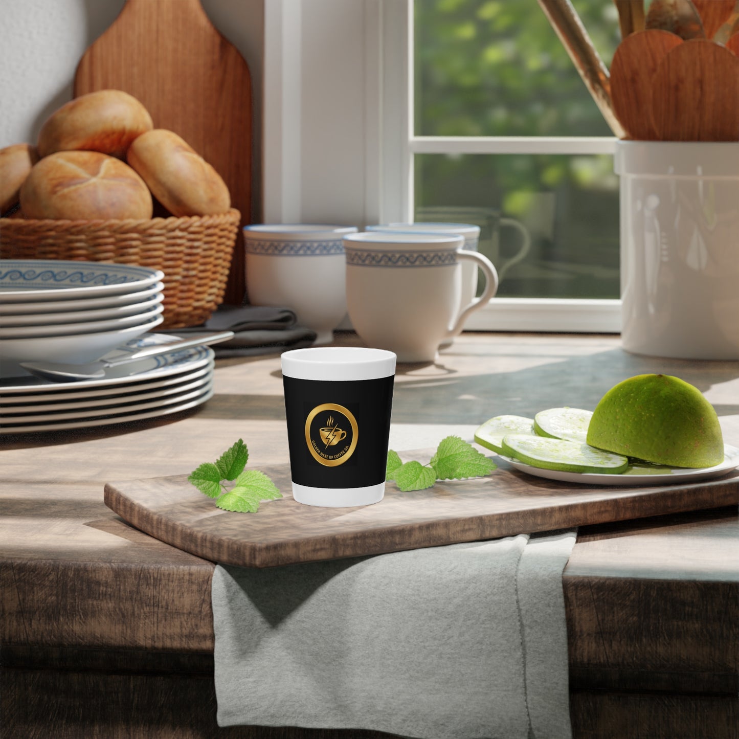 Gold Coffee Logo Shot Glass — Espresso Bar & Morning Wake-Up Shooter