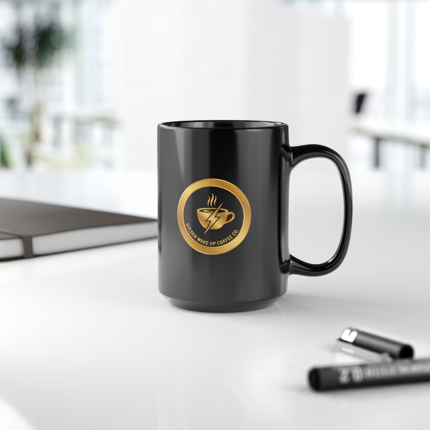Black Coffee Mug — "Please Wake Up Coffee" Gold Emblem (11oz, 15oz)