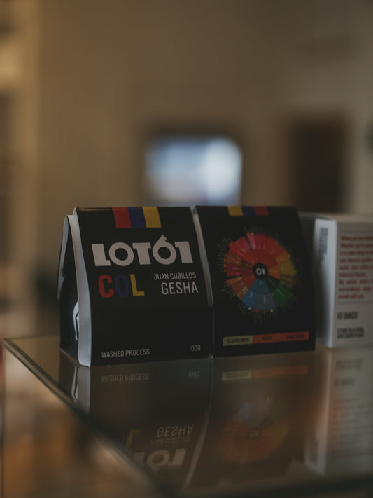 Two bags of coffee beans on a shelf