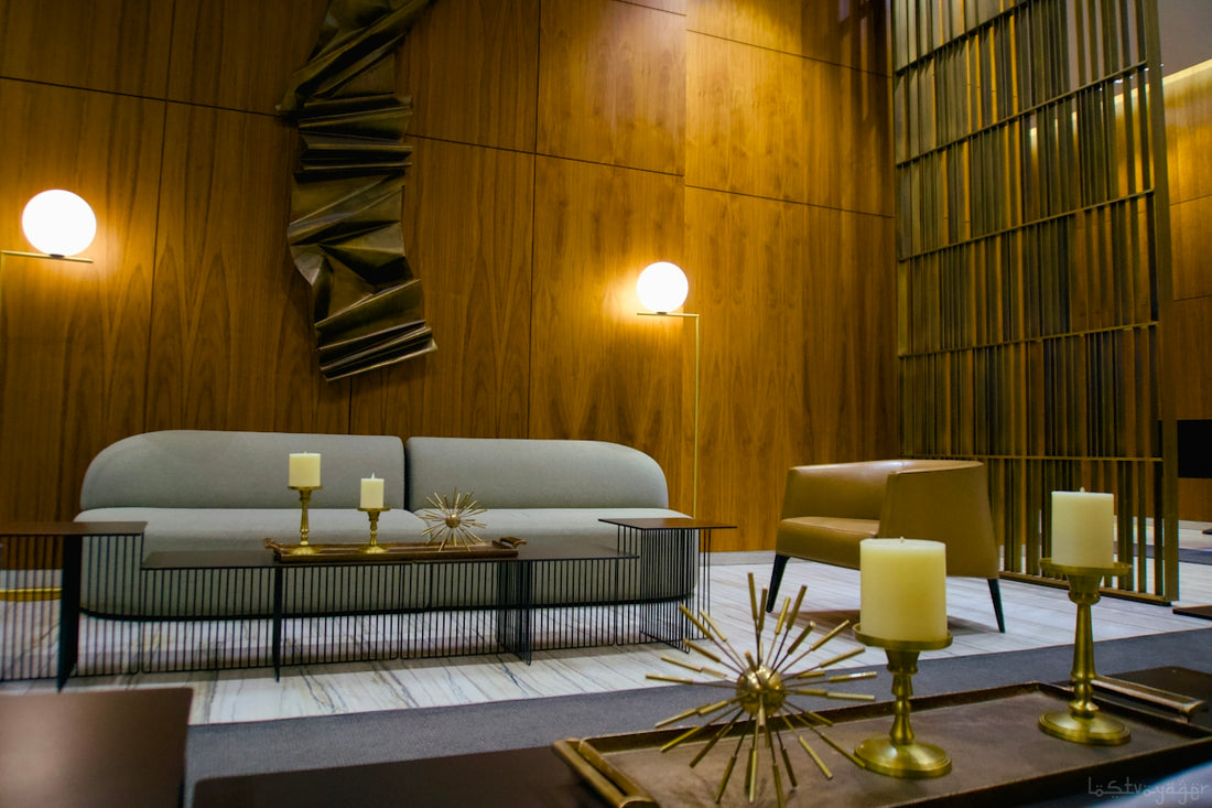 Modern living room with wooden walls and elegant furniture