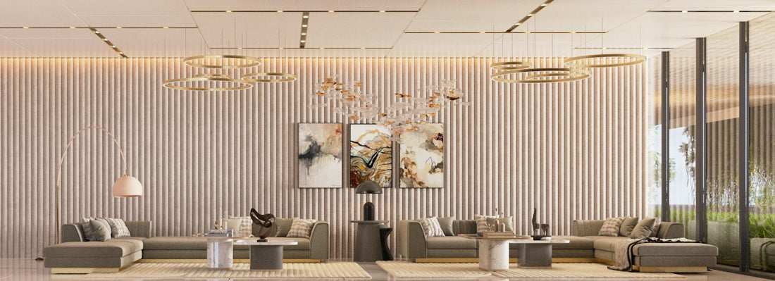 Modern lounge area with sectional sofas and artwork.