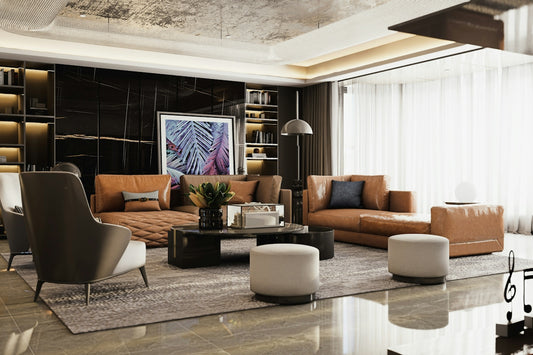 Elegant living room with brown leather furniture and stylish decor