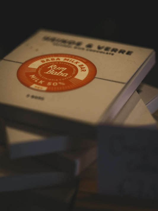 White boxes with baba milk bar rum baba labels.