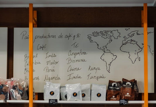 A whiteboard listing coffee and tea producing countries with a world map illustration.