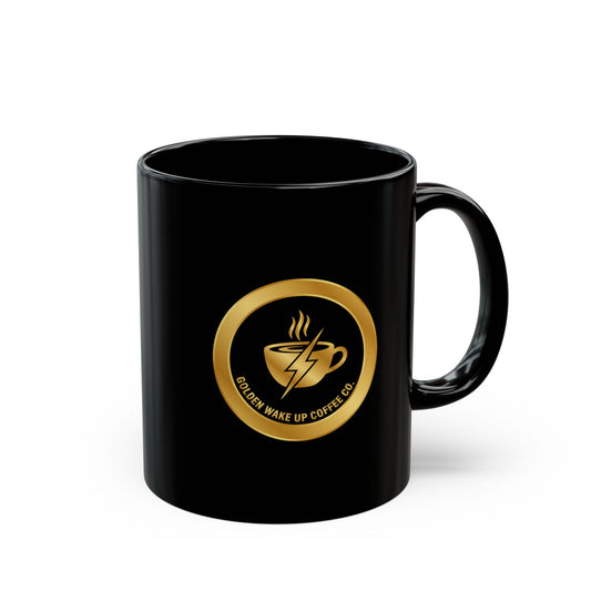 Black Coffee Mug — Golden Wake Up Coffee Co. Gold Emblem (11oz, 15oz)