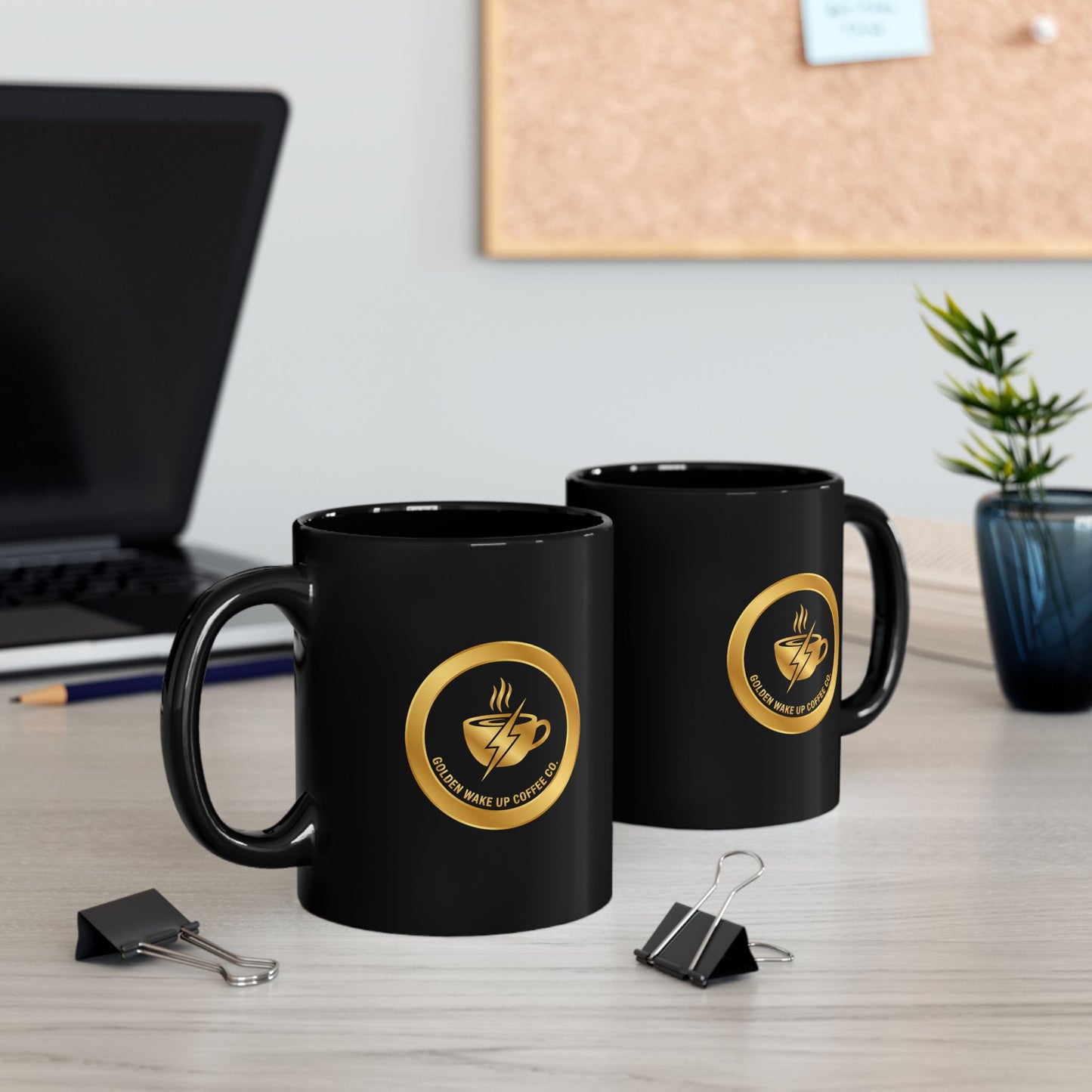 Black Coffee Mug — "Please Wake Up Coffee" Gold Emblem (11oz, 15oz)