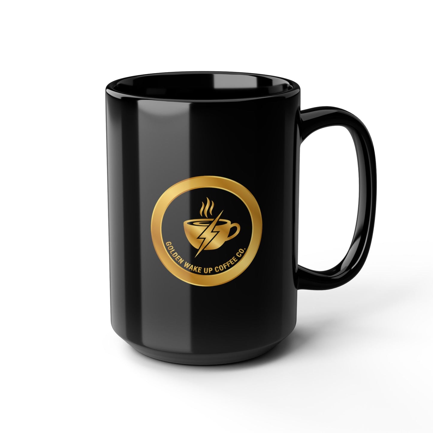 Black Coffee Mug — Golden Wake Up Coffee Co. Gold Emblem (11oz, 15oz)