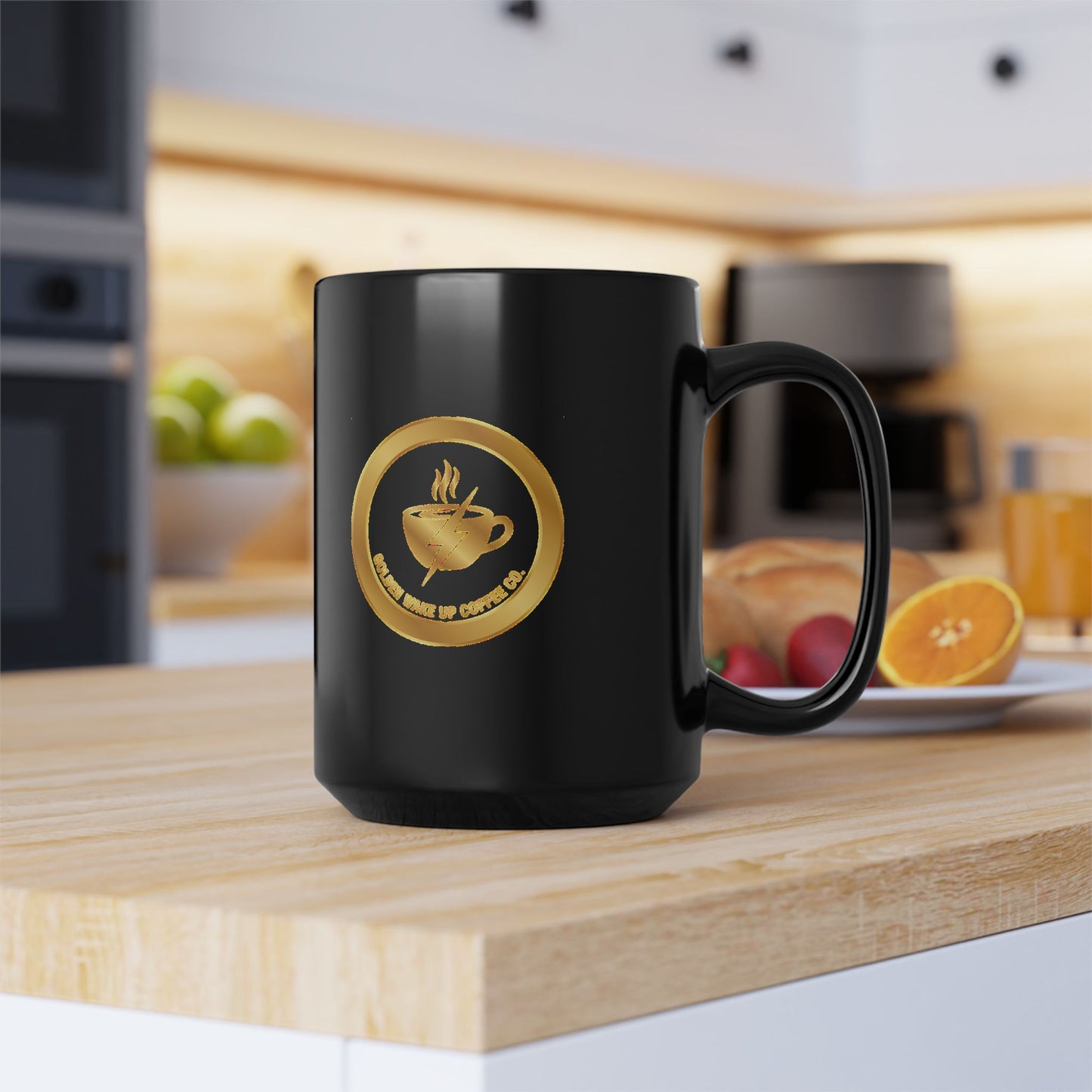 Black Coffee Mug — Golden Wake Up Coffee Co. Gold Emblem (11oz, 15oz)
