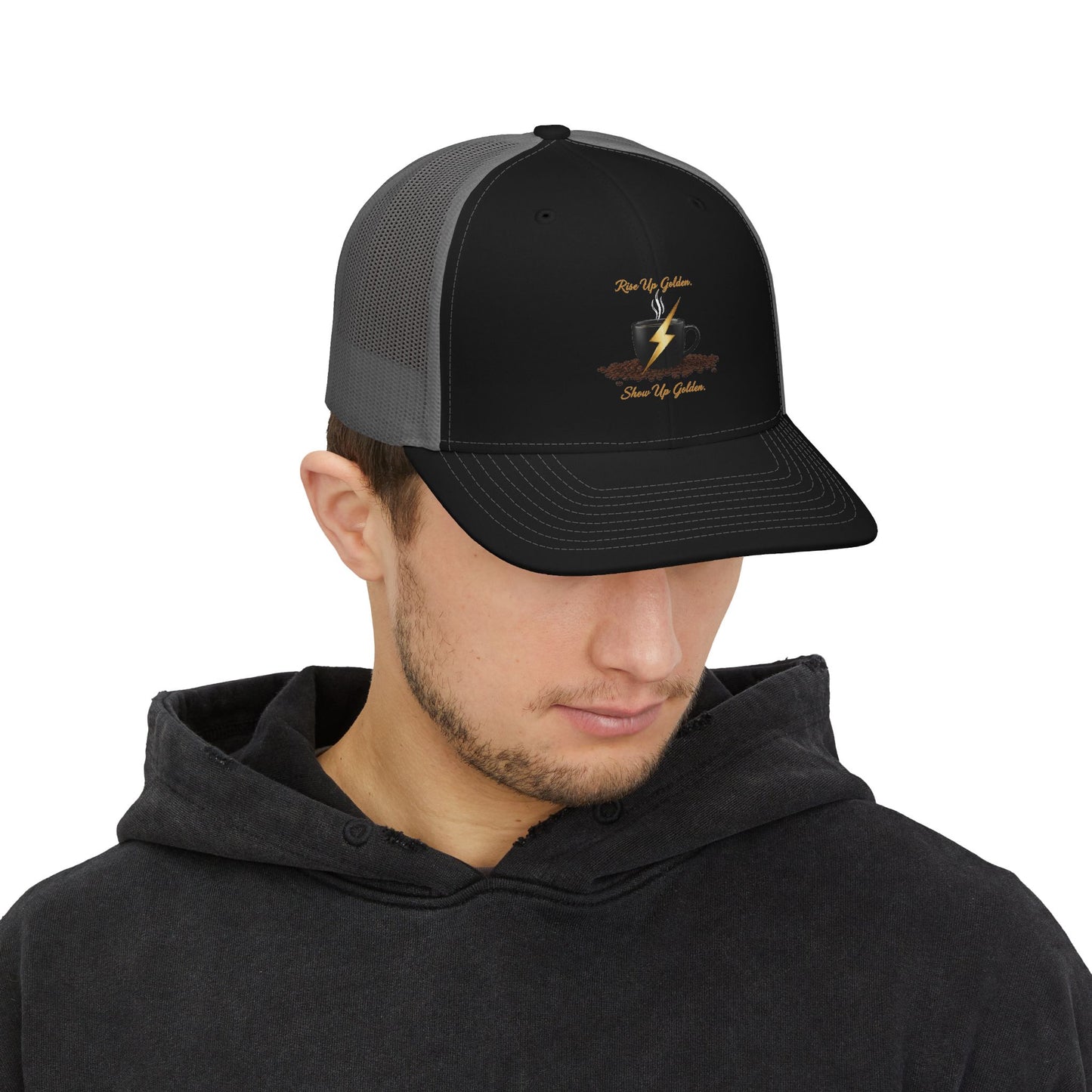 Coffee Lightning Snapback Trucker Cap — "Rise Up Golden" Espresso Design
