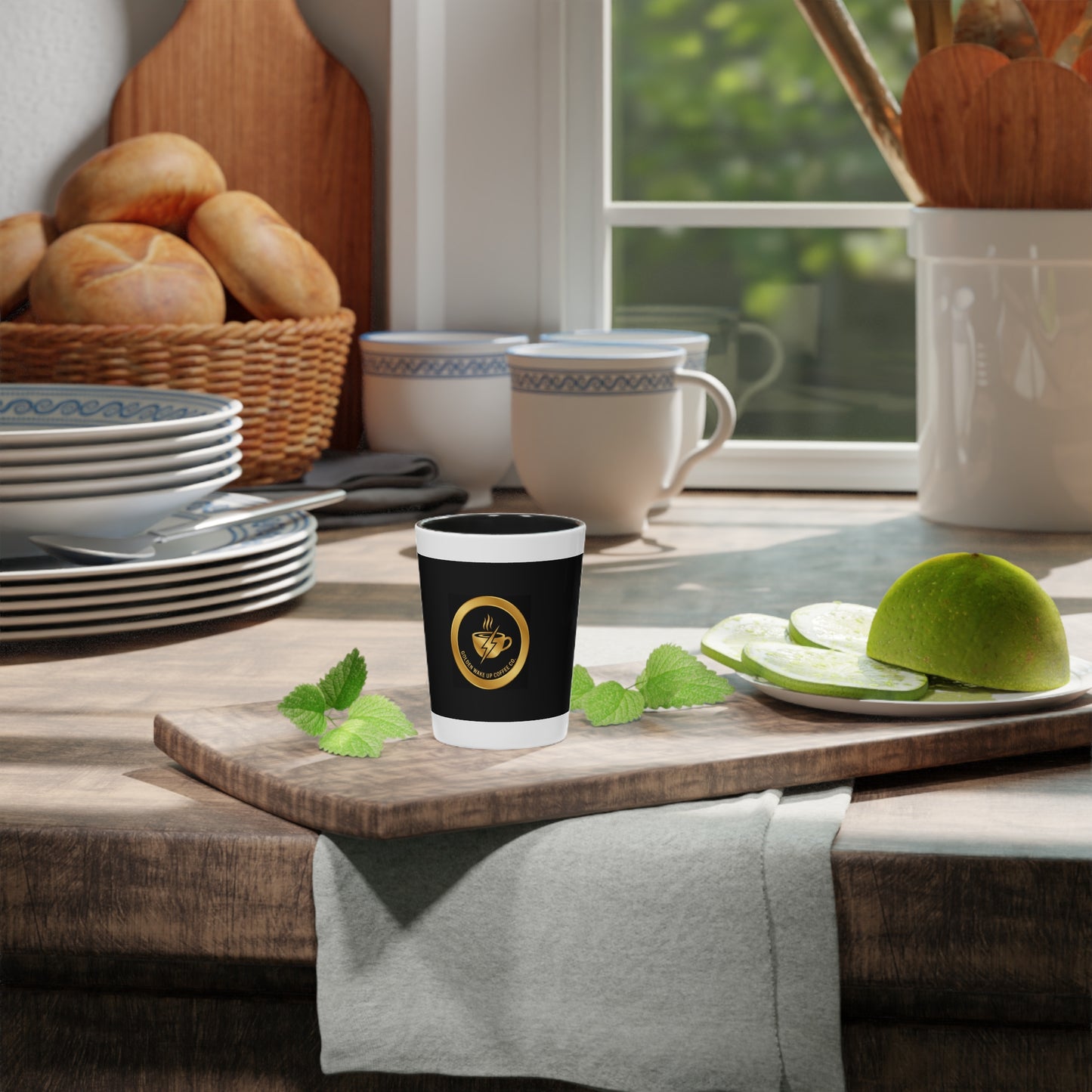 Gold Coffee Logo Shot Glass — Espresso Bar & Morning Wake-Up Shooter