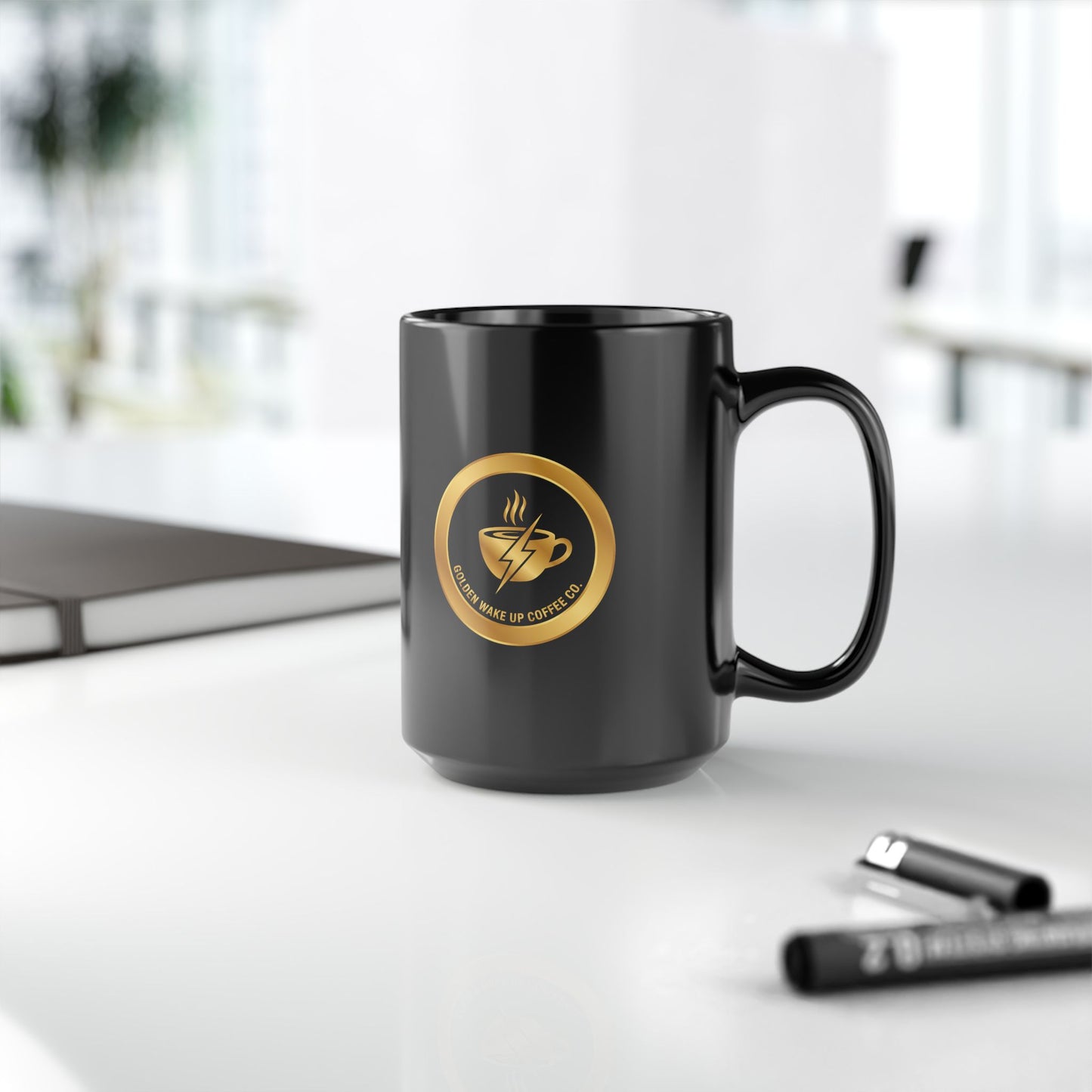 Black Coffee Mug — Golden Wake Up Coffee Co. Gold Emblem (11oz, 15oz)
