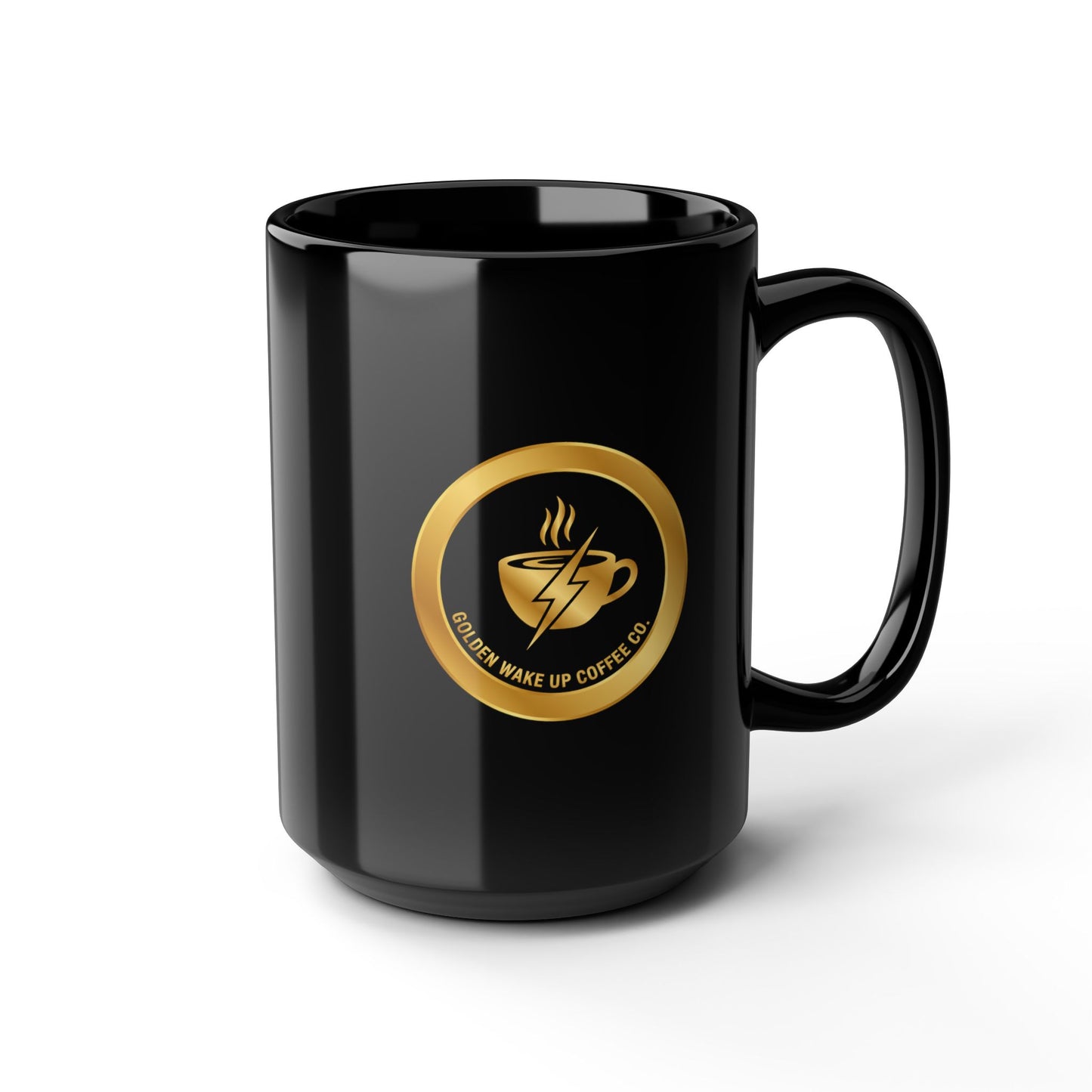 Black Coffee Mug — "Please Wake Up Coffee" Gold Emblem (11oz, 15oz)