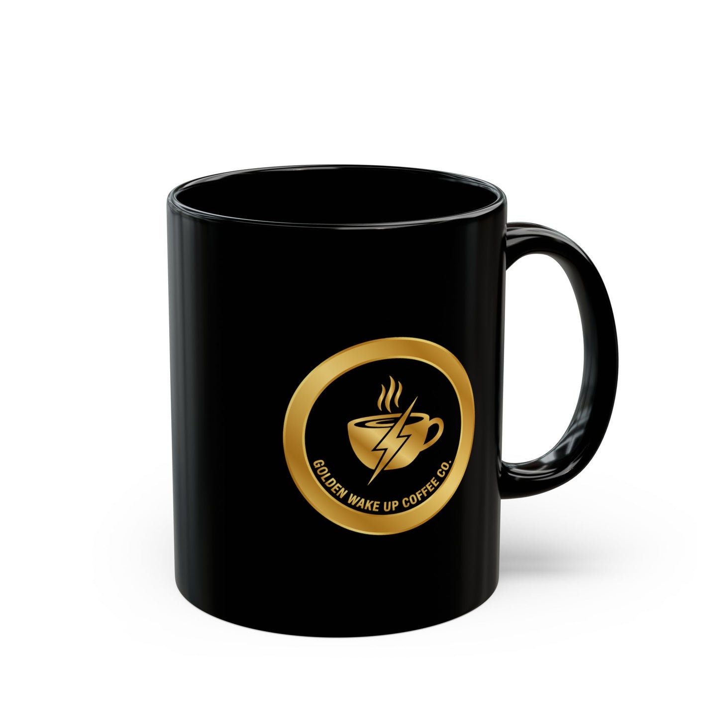 Black Coffee Mug — "Please Wake Up Coffee" Gold Emblem (11oz, 15oz)
