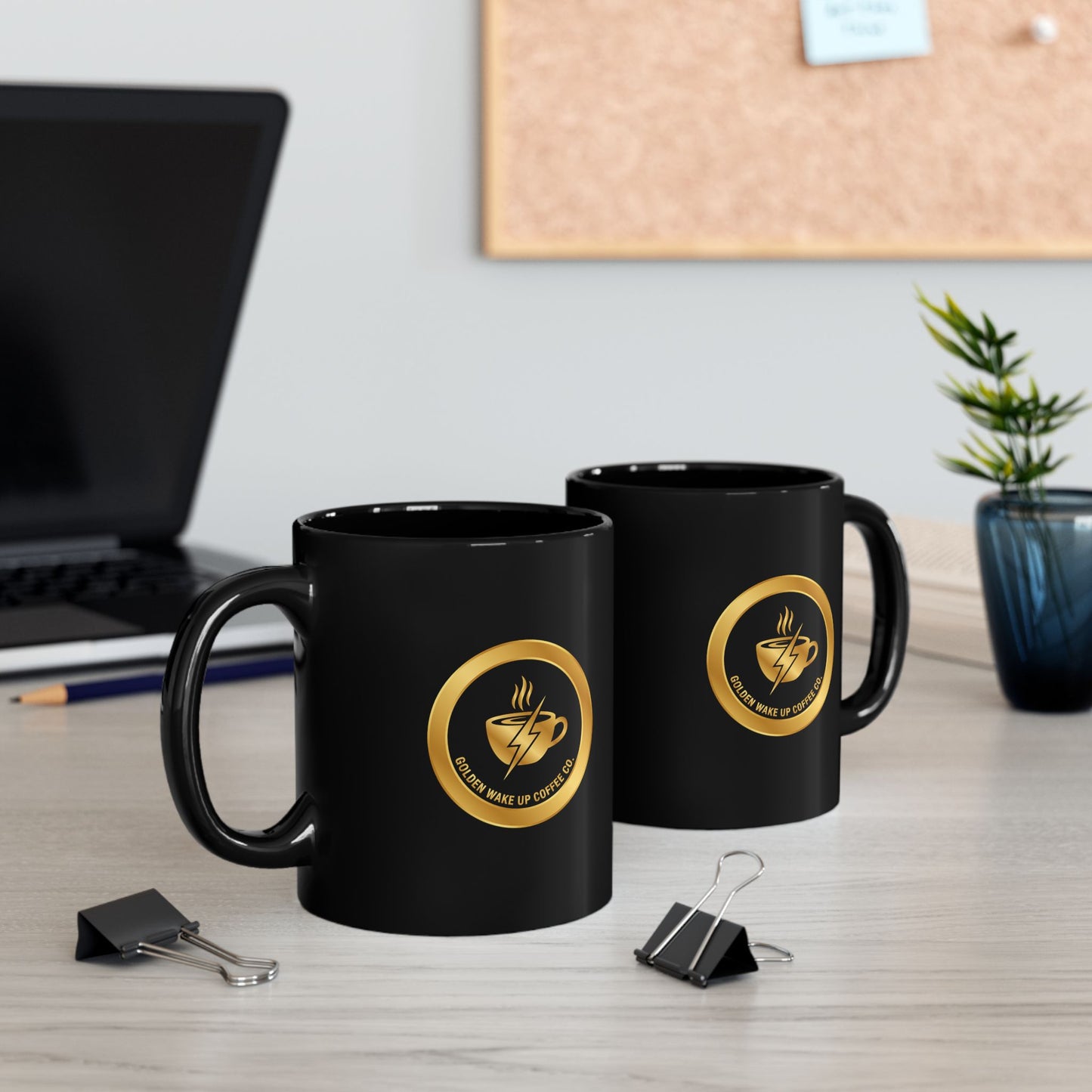 Black Coffee Mug — Golden Wake Up Coffee Co. Gold Emblem (11oz, 15oz)