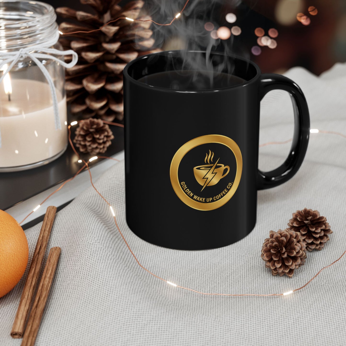 Black Coffee Mug — "Please Wake Up Coffee" Gold Emblem (11oz, 15oz)