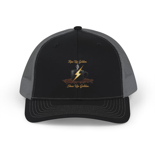 Coffee Lightning Snapback Trucker Cap — "Rise Up Golden" Espresso Design