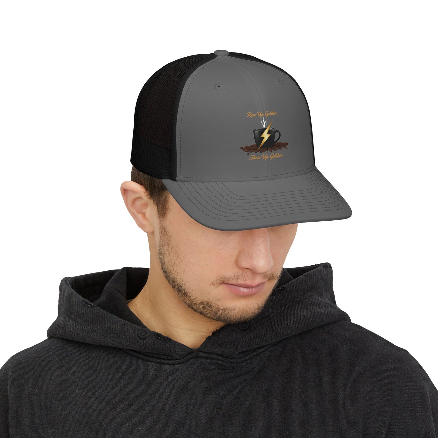 Coffee Lightning Snapback Trucker Cap — "Rise Up Golden" Espresso Design
