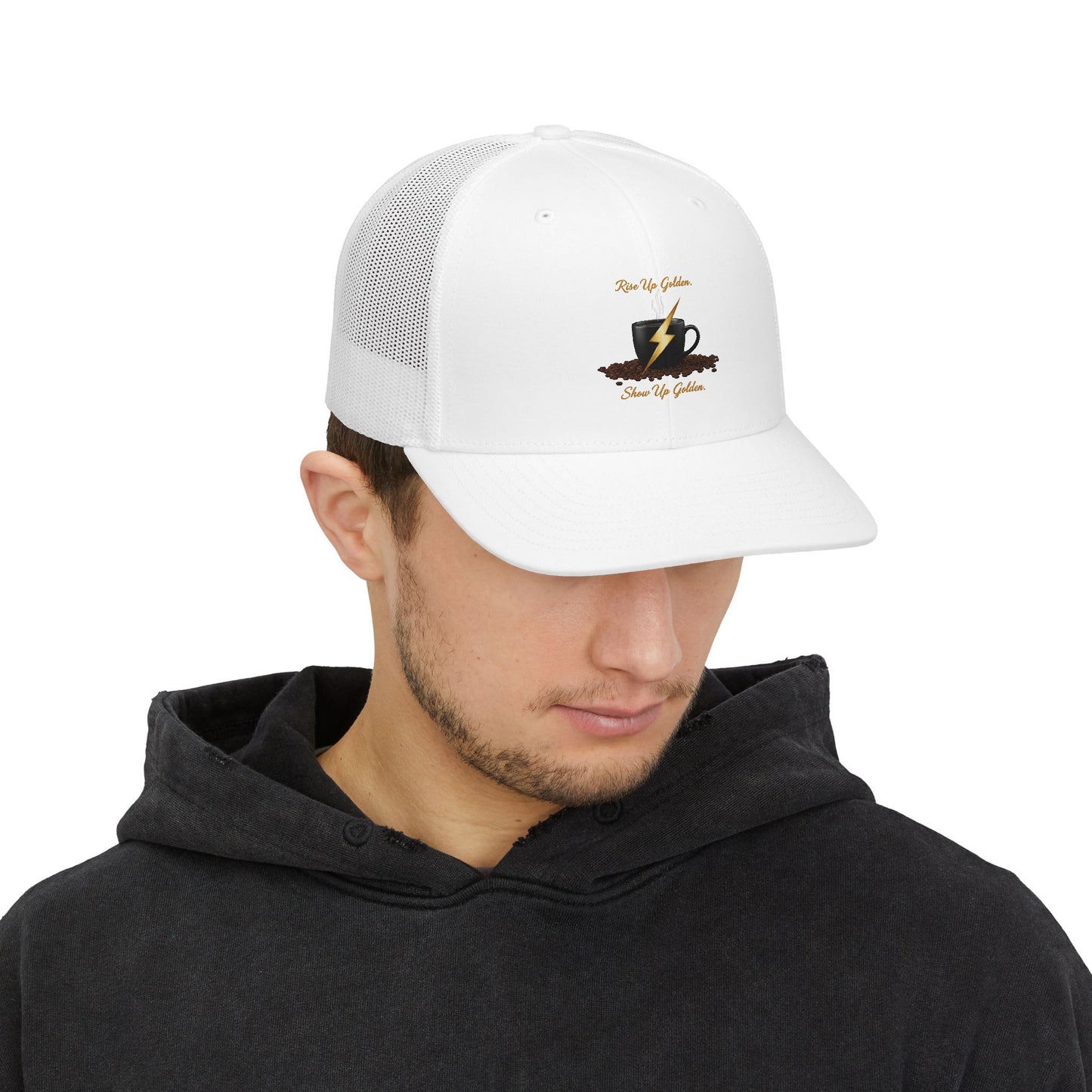 Coffee Lightning Snapback Trucker Cap — "Rise Up Golden" Espresso Design