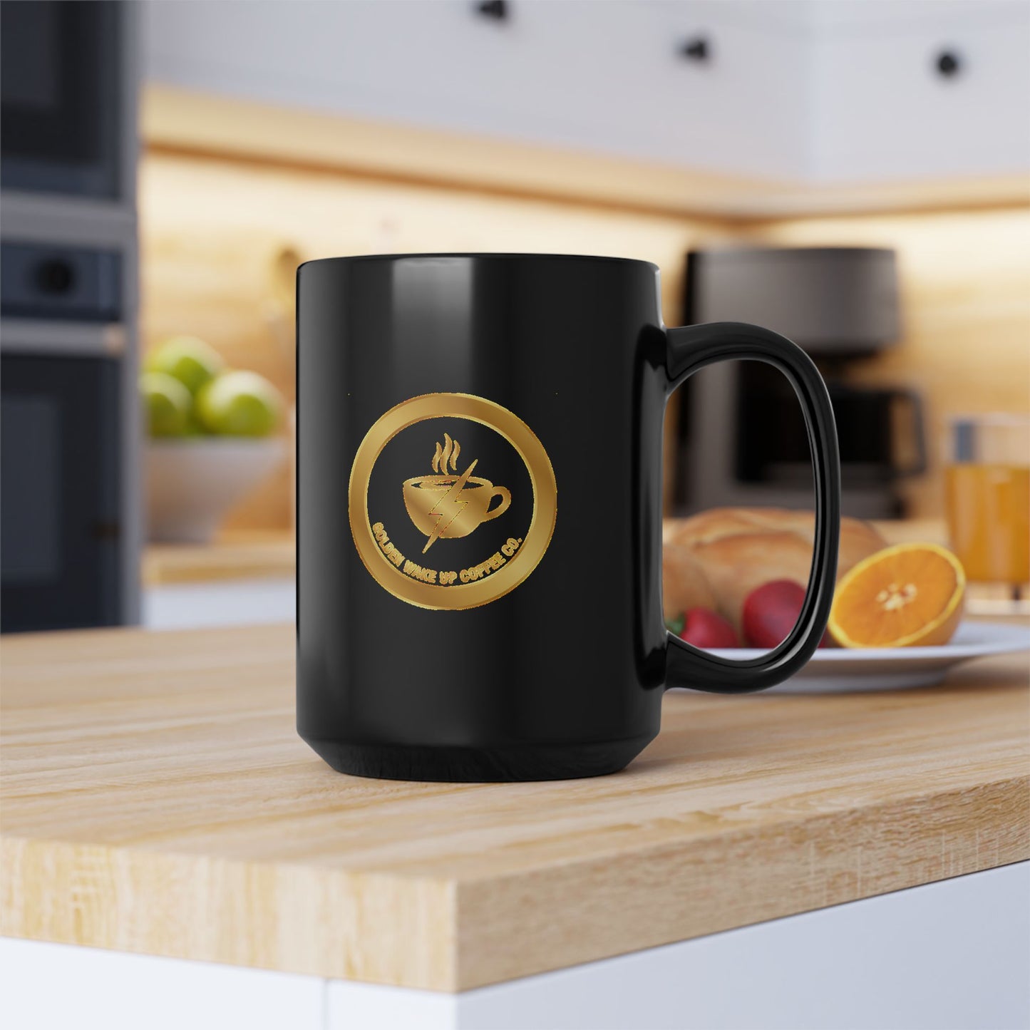 Black Coffee Mug — "Please Wake Up Coffee" Gold Emblem (11oz, 15oz)