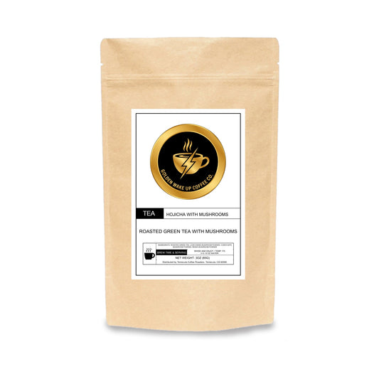 Hojicha with Mushrooms tea package with product label